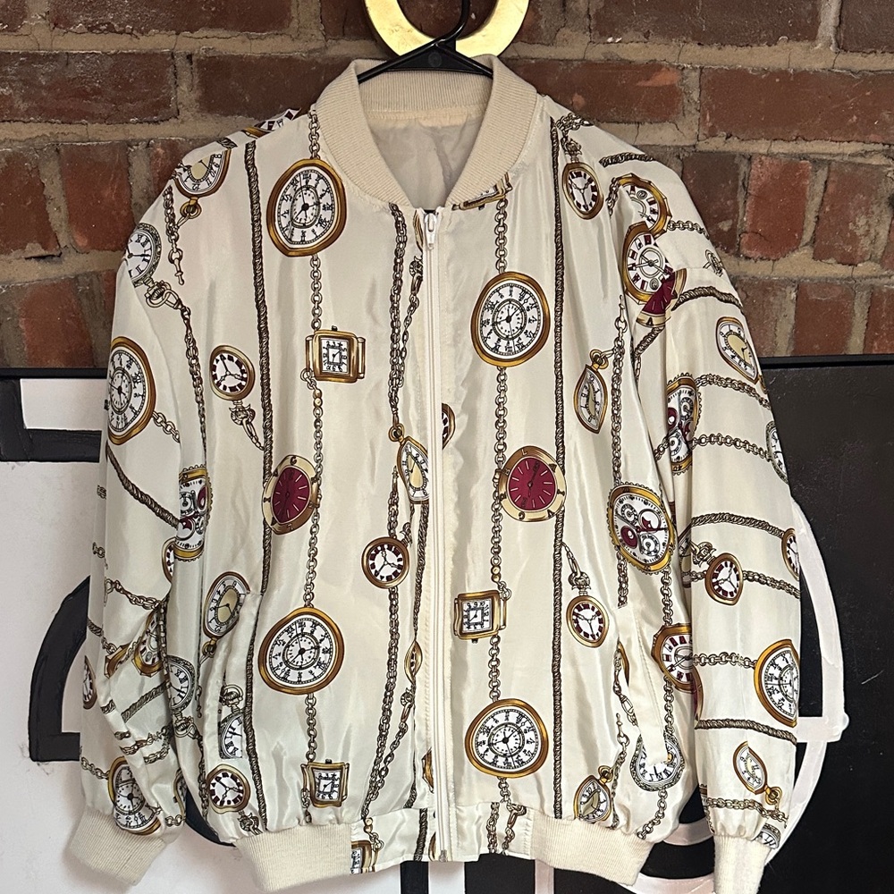 Women's Cream Clock Pattern Bomber Jacket - image 1